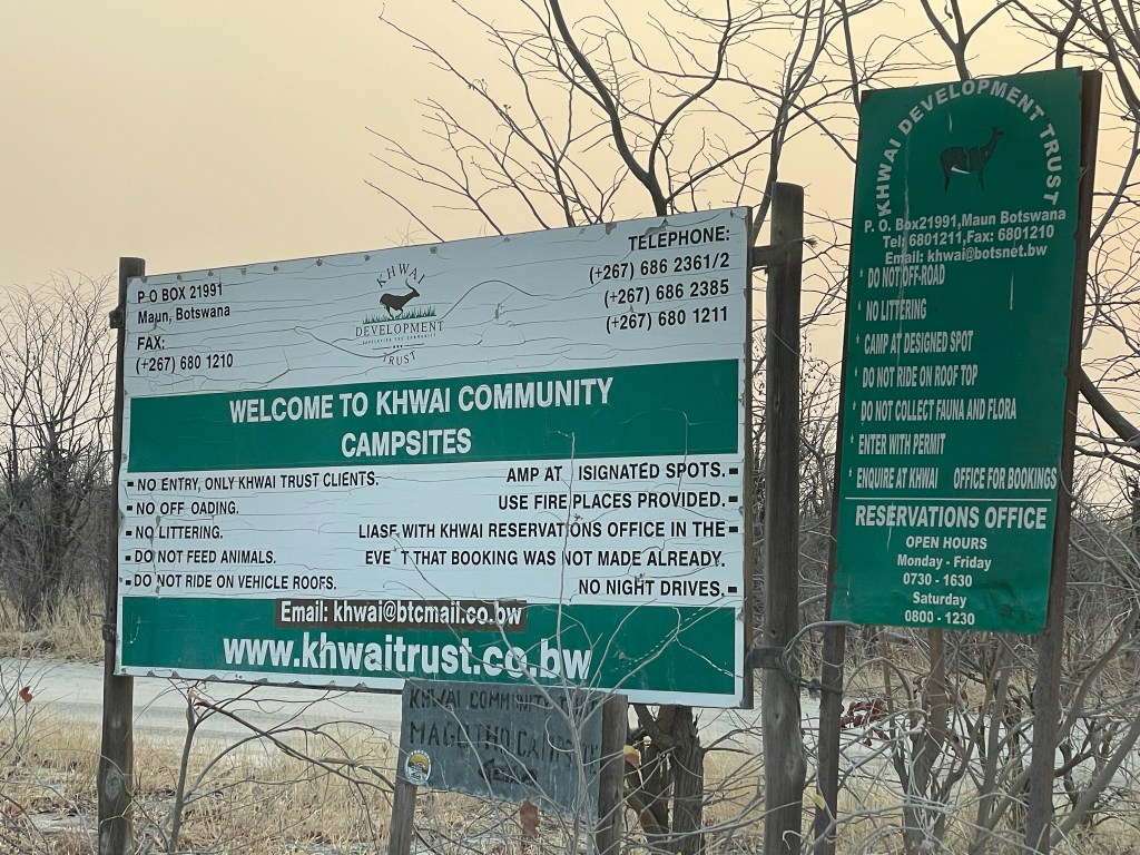 Signs at the entry to the Khwai Community Campsites